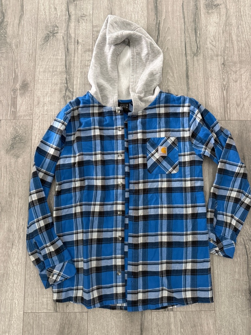 Carhartt Blue and Gray Plaid Hooded Button-Down Shirt